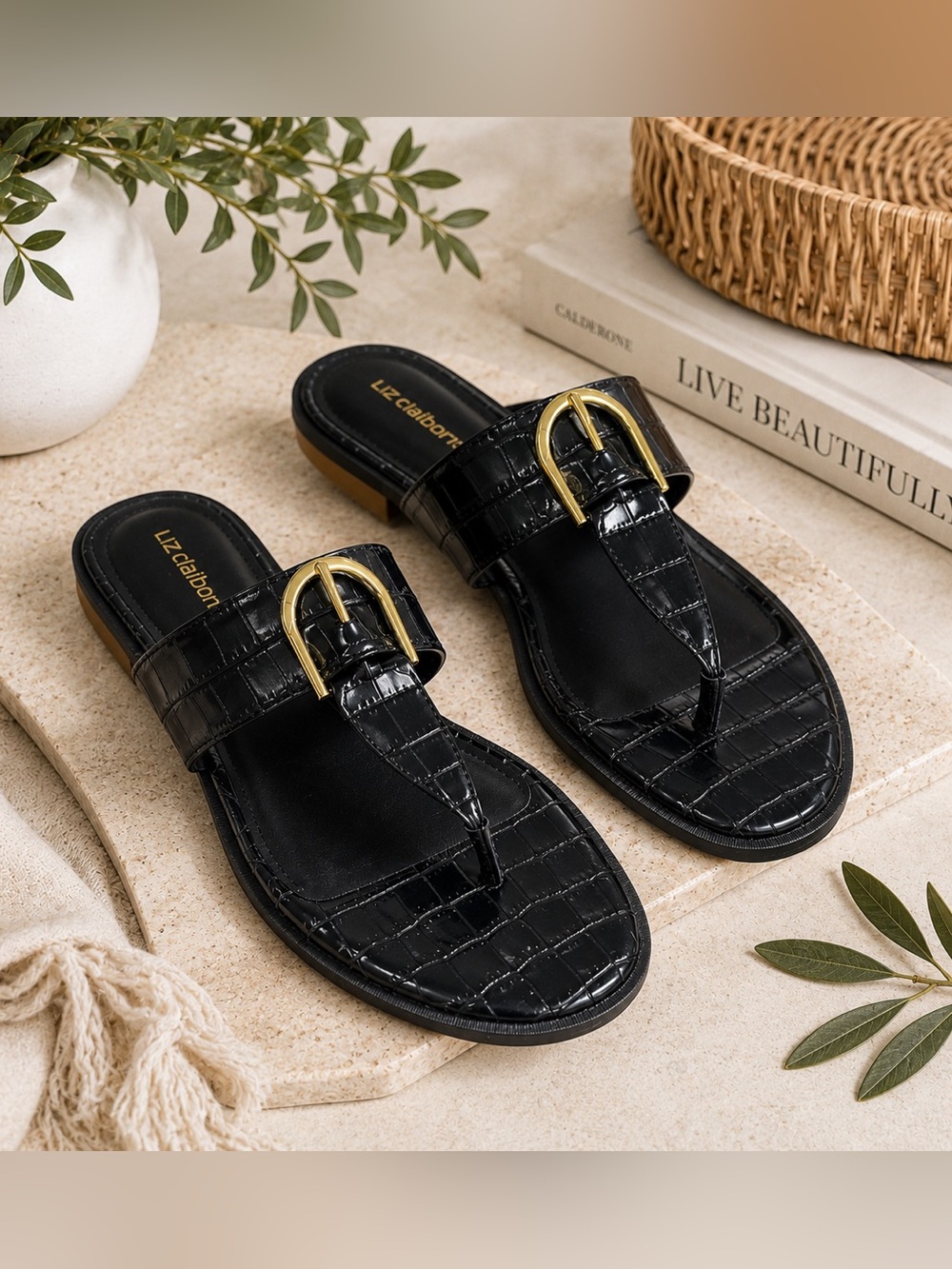 Liz Claiborne April Black Croc-Embossed Thong Sandals with Gold Buckle Size 6